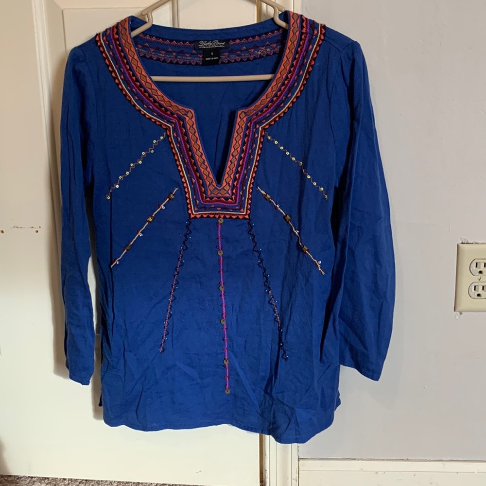 Lucky Brand blue embroidered top size S